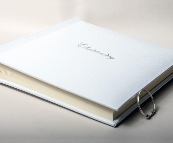 White Leather Christening Photo Album embossed in Silver with Gift Box