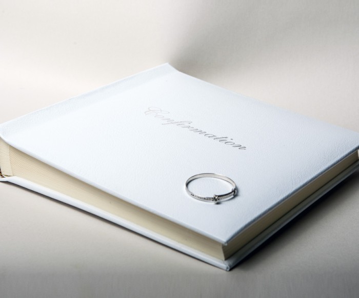 White Leather Confirmation Photo Album embossed in Silver with Gift Box