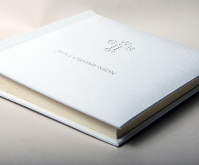 White Leather Holy Communion Photo Album embossed in Silver with Gift Box