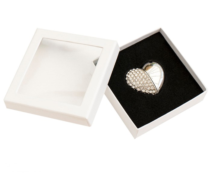 Silver Heart Shaped USB Drive Stick and White Presentation Case